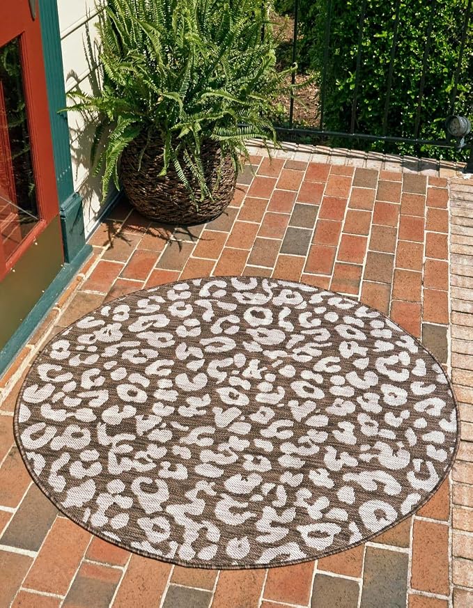 Unique Loom Outdoor Safari Collection Area Rug - Leopard (3' Round, Brown/ Light Brown)