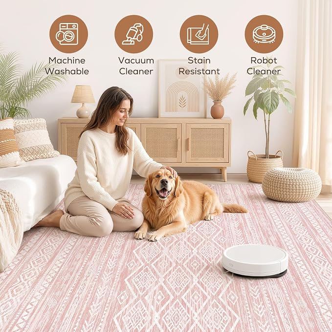 Nakagishi Area Rug Living Room Rugs: 10x14 Large Soft Machine Washable Boho Moroccan FarmNeutral Stain Resistant Indoor Floor Carpet for Bedroom Under Dining Table Home Office Decor-Pink
