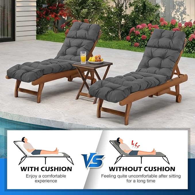 2 Pcs Chaise Lounge Cushions Outdoor,Waterproof & Fade Resistant Patio Lounge Chair Cushions for Outdoor Furniture, Chaise Cushion with Ties for Pool, Lawn and Beach, 75.1x22.8x4.7 Inch, Dark Grey