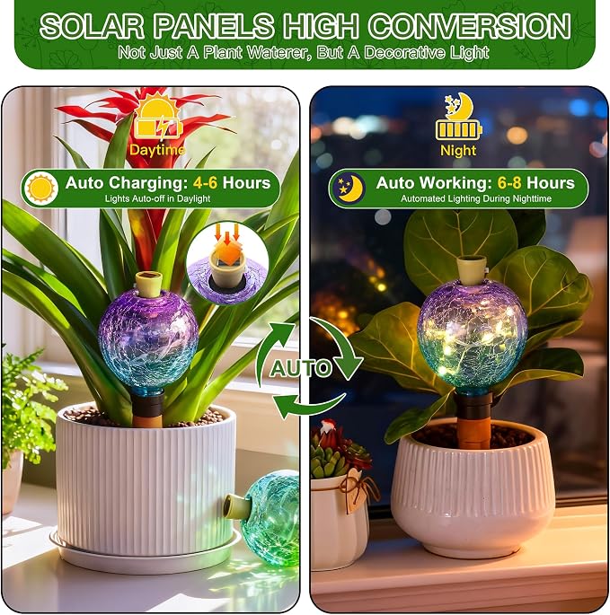 VOREEN Crackle Glass Plant Watering Globe with Terracotta Spike,Self-Watering Irrigation for Potted Plants, with Solar Accent Light for Indoor & Outdoor Décor, 17oz, Purple–Blue Gradient