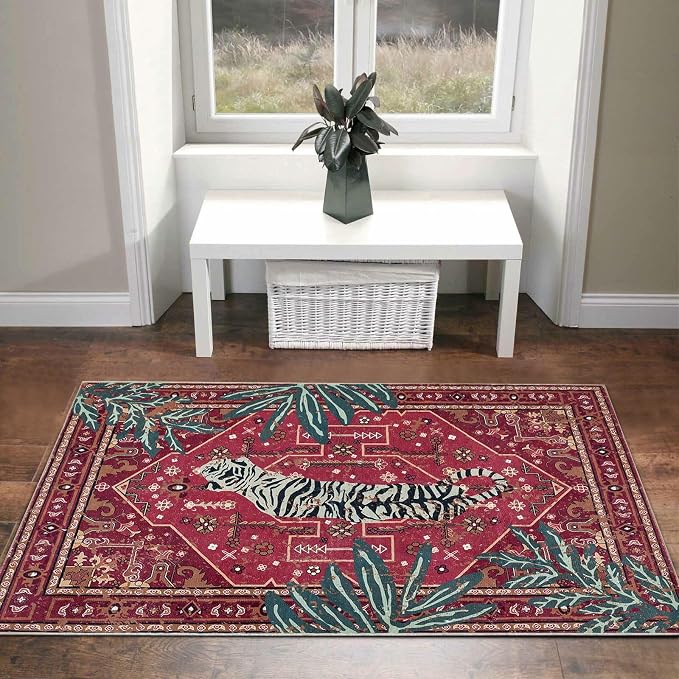 Vintage Tribal Faux Wool Red Boho Throw Rugs - 2x3, Non-Slip, Washable for Bathroom, Kitchen, Indoor, Entryway, Modern, Distressed, Tribal, Indian Accent Floor Mat