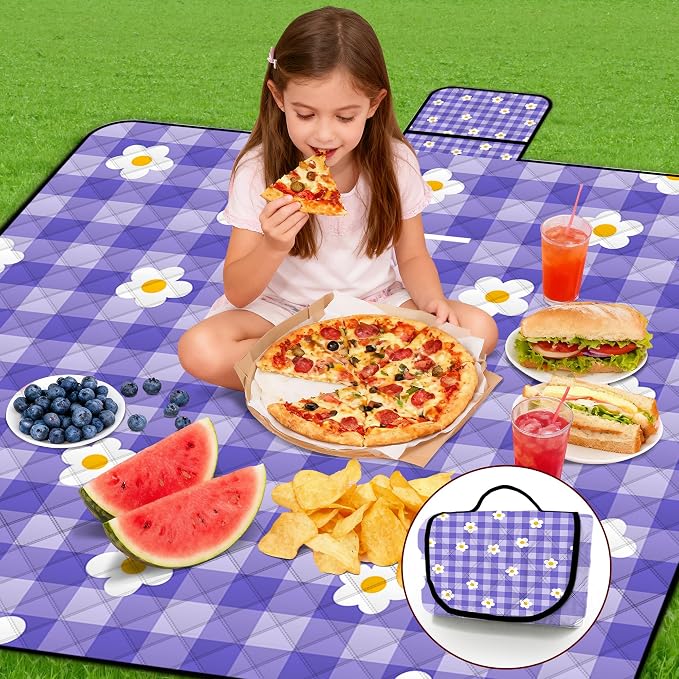 Extra Large Picnic Blanket Waterproof,80"x 80"Foldable Machine Washable Beach Blanket,Outdoor Blanket for 6-8 Adults,Suitable for Indoor Crawling,Park Beach,Camping,Hiking,Family Travel(Purple)