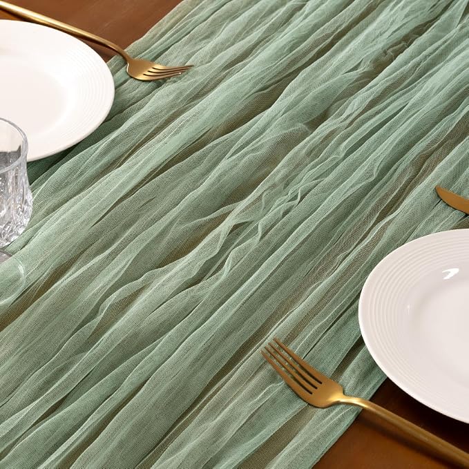 Socomi Sage Green Cheesecloth Table Runner Tulle Gauze Cheese clothBoho Rustic 120 inch 10FT Runner for Wedding Party Baby Shower Birthday Holiday Decorations 1pc