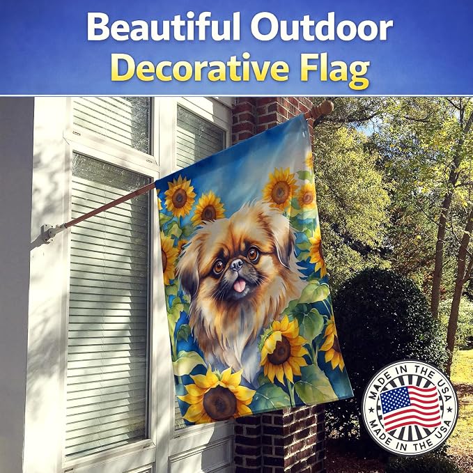 Caroline's Treasures DAC6132CHF Pekingese in Sunflowers House Flag Large Porch Sleeve Pole Decorative Outside Yard Banner Artwork Wall Hanging, Polyester, House Size, Multicolor
