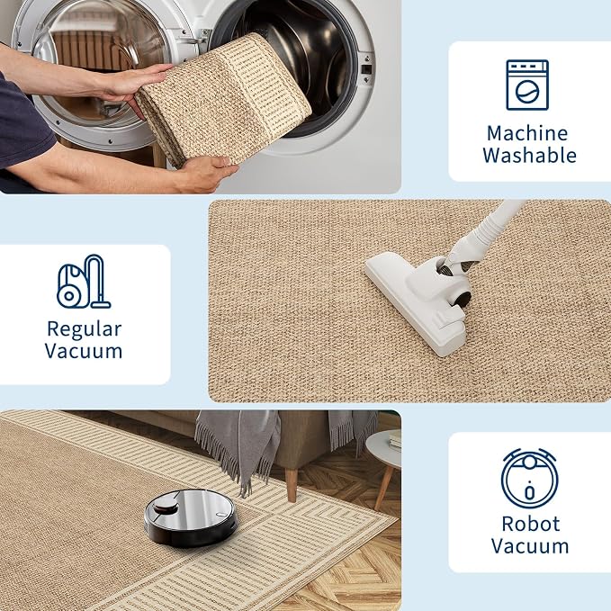 Garvee Modern Bordered Neutral Rugs for Living Room 8x10 Washable Rug Jute | Large Non Slip Low Pile Soft Carpet Foldable Non-Shedding Woven Printed Floor Cover for Bedroom Playroom Nursery Office Dorm