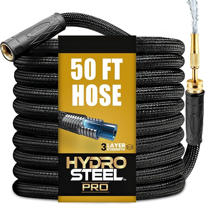 Hydrosteel PRO 50 Ft Heavy Duty Metal Garden Hose with Nozzle, Water Hose Made from 304 Stainless Steel, Flexible, Lightweight, Brass Crush Resistant Fittings, Kink Free, 5/8” Diameter, 600 PSI