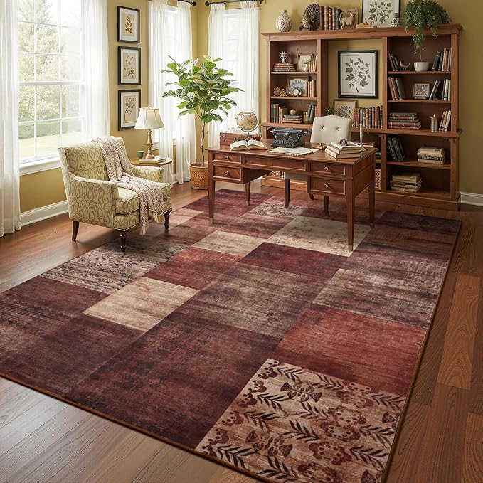 Washable Area Rugs 6x9 for Living Room, Large Modern Geometric Red Soft Patchwork Carpet, Non-Slip Stain Resistant Throw Rug for Bedroom Dining Room Office Home Decor