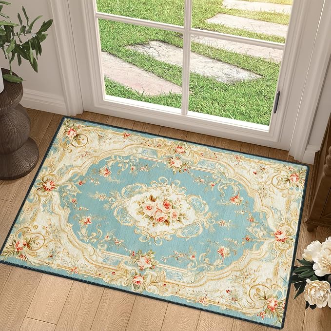 Pink Floral French Country 2x3 Entry Rug,Washable Small Rugs for Entryway Kitchen Bathroom Door Mat Indoor Entrance,Non Slip Rubber Backing,Stain & Fade Resistant,Elegant Vintage Decor