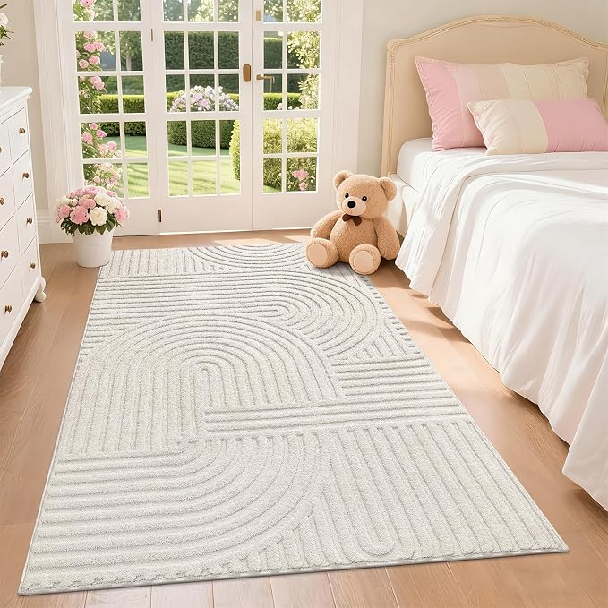 Pauwer 3x5 Area Rugs for Living Room, Modern Non Slip Washable Rug, Beige | Arch Pattern, Soft Fluffy, Neutral, Boho Accent, Solid Color Floor Carpet, For Kids Room Dining Room Nursery Entryway