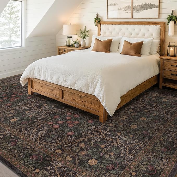 Vintage 7x9 Brown Rug for Living Room - Washable Oriental Area Rug for Dining Room Under Kitchen Table, Non-Slip Floor Carpet for Bedroom Under Bed - Boho Floral Design & Stain Resistance