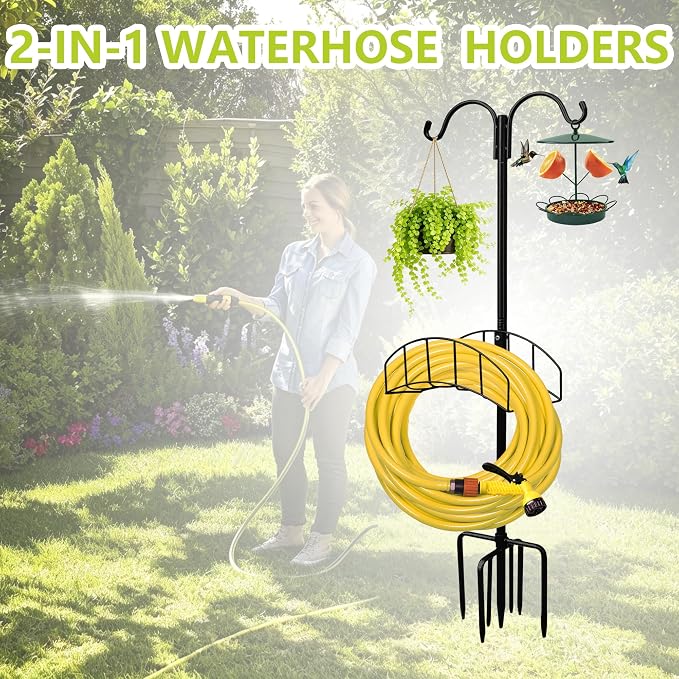 2-Pack Garden Hose Holder Stand with 7 Prong Base and Dual Shepherd Hooks | Freestanding Holds 150FT Hose Heavy Duty Water Hose Stand Sturdy Detachable Hose Stand Black