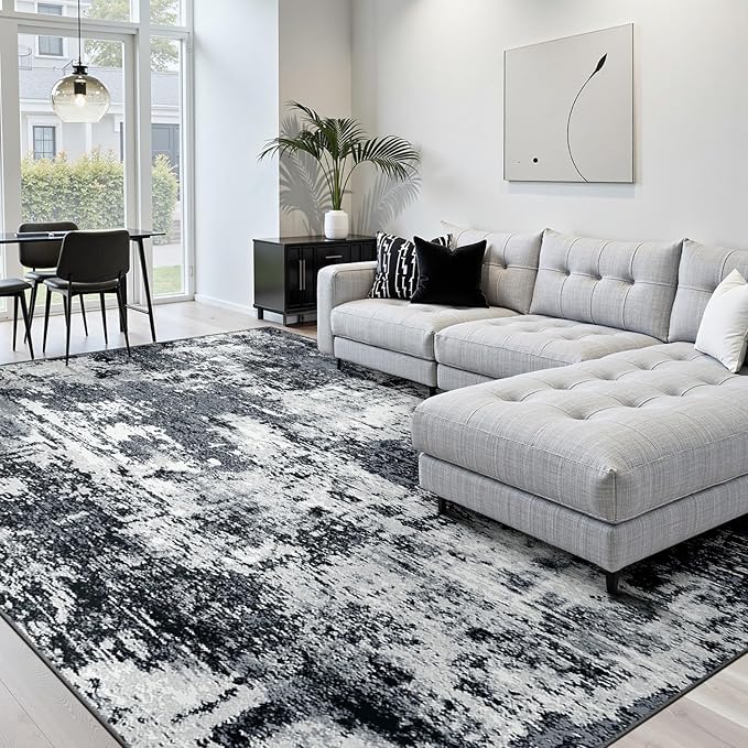 RELEANY Washable Square 7'x7' Area Rug for Living Room Black White | Carpet for Bedroom, Kitchen, Office, Hallway and Entryway, Printed Pattern, Non‑Slip, Soft, Stain‑Resistant, Easy to Clean