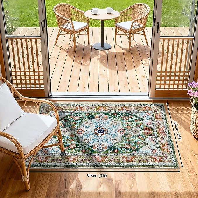 U'Artlines 2'x3' Boho Hallway Runner Rug Non Slip Washable Runners,Green | Vintage Farmhouse Kitchen Rug Accent Area Carpet for Entryway Laundry and Living Room