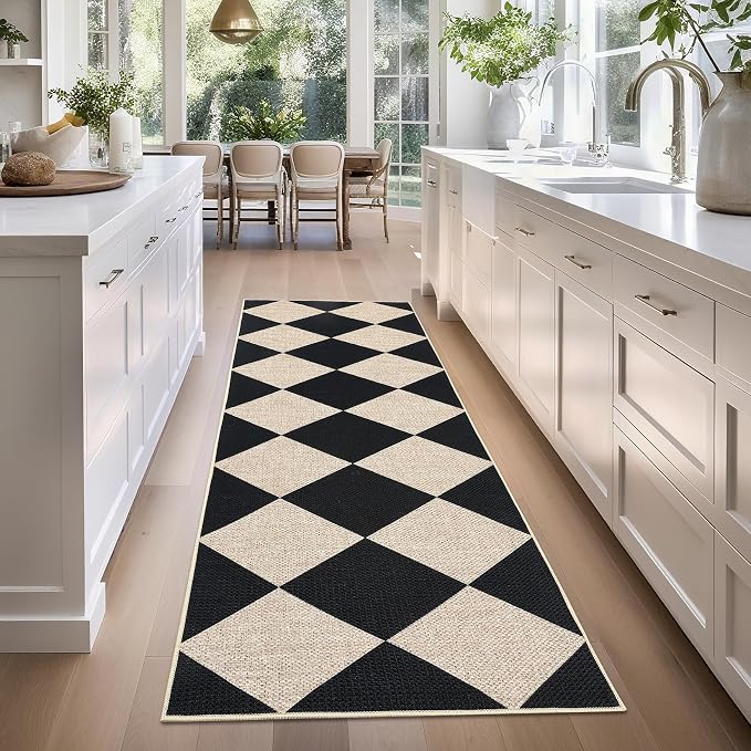 GarveeHome Checkered Easy Jute Runner Rug 2x6 Black for Hallway Kitchen | Non-Slip Machine Washable Stain Resistant Indoor Outdoor Rugs , Bedroom, Dining, Patio - Farmhouse Style