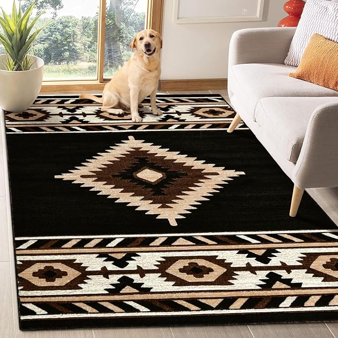 YHSF Southwestern Area Rug - Anti Static & Washable - Black, 5 ft x 7 ft | Soft Native American Tribal Floor Rugs for Living Room, Bedroom, Hallways, and More - Easy-to-Clean Home Decors