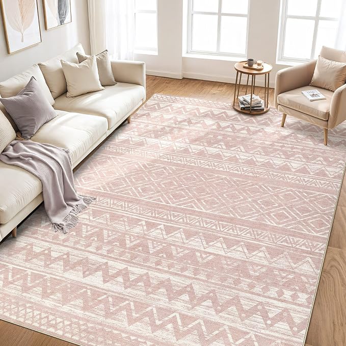 cotiled Boho 9x12 Area Rug for Living Room: Large Moroccan Washable Rug | Solve Modern Neutral Trendy Home Decor - Stain Resistan Carpet for Bedroom Farmhouse Dining Room Pink