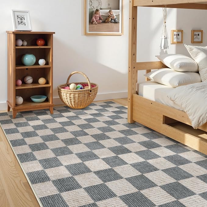 LIVEBOX 8x10 Area Rugs for Living Room, Checkered Non-Slip Washable Rugs, Farmhouse Neutral Classic Geometric Pattern Large Boys Area Rug for bedroom, Carpet for Living Dining Room Office(Grey,8'x10')