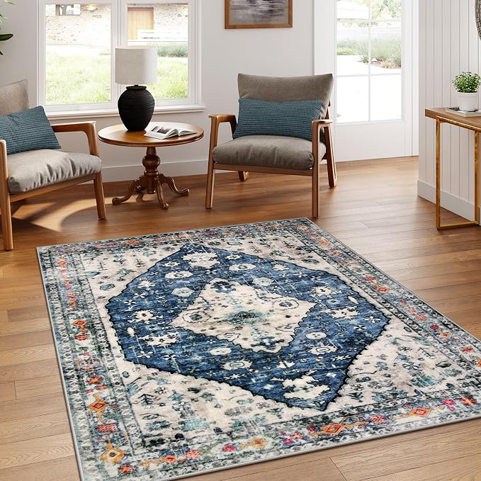 Lahome Felice Boho Tribal Area Rug - Blue 5x7 Large Rug for Bedroom Soft Non Slip Washable Non Shedding Living Dining Room Mat, Indoor Turkish Office Carpet for Dorm Kitchen Nursery Dining Bedroom