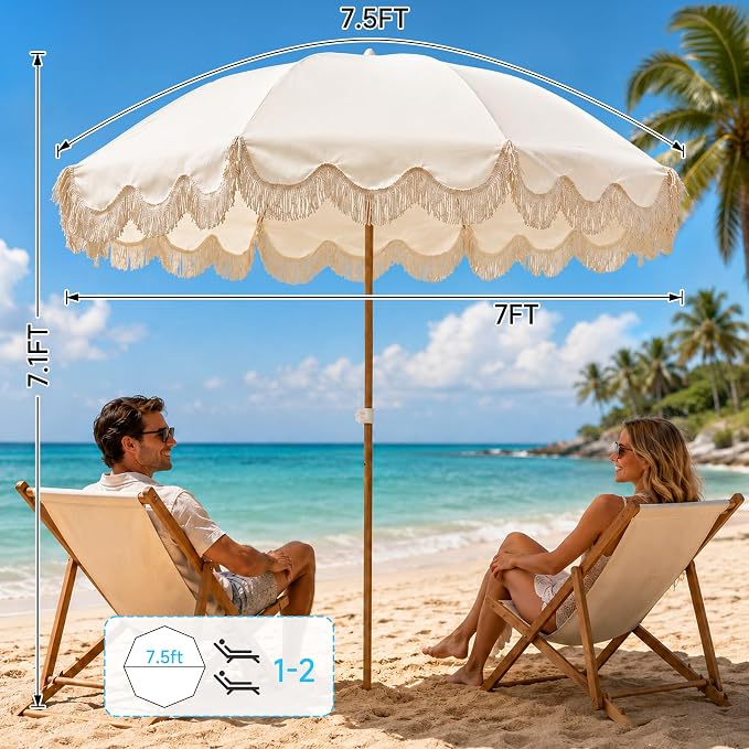 7.5FT Boho Patio Umberlla with Fringe,UPF50+ Outdoor Umbrella with Fiberglass Ribs and Push Button Tilt,Tassels Umbrella for Beach,Terrace,Picnic