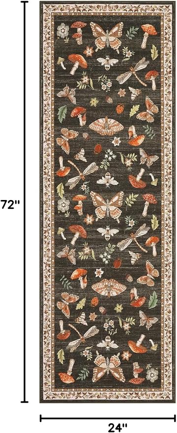 ROYHOME Mushroom Insect Washable Rug 2x6 Runners for Hallways, Boho Kitchen Runner Rugs Non Slip Bath Runner, Modern Bedroom, Soft Long Entryway Bathroom Laundry Dorm, Brown