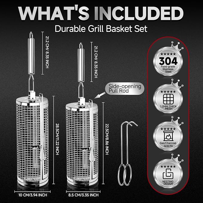 Chenovate® Heavy Duty Rolling Grill Baskets with Side-opening and Removable Handle,Grill Accessories for Veggies Shrimp Meat,Food-grade Stainless Steel,Kitchen Gadgets Fits Outdoor Cooking & Picnics,Camping Essentials,Ideal Gifts for Father's Day,Festi...