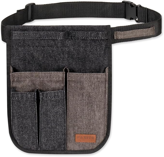 Garden Tool Belt for Women & Men, Slim Denim Garden Apron with 4 Pockets, Lightweight Adjustable Tool Pouch for Gardening, Florist, DIY & Craft, Black