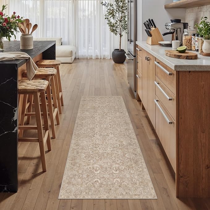 Brown 2x6 Washable Runner Rug Kitchen Vintage Distressed Carpet | Soft Low Pile, Non Slip, Stain Resistant, Retro Accent Decor for Hallway, Entryway, Laundry Room, Bathroom