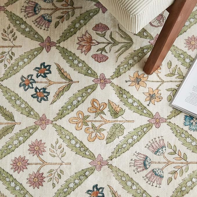 jinchan 2x3 Vintage Floral Washable Accent Entryway Area Rug, Sage Green | Soft & Lightweight, Checkered Floral, Low Pile, Non Slip, Entrance, Kitchen, Bedroom, Laundry Room, Samll, Doormat