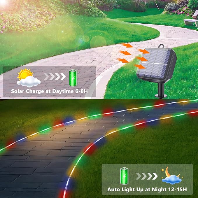 Solar Rope Lights, 33ft 100LED Solar String Lights, 8 Modes Waterproof Solar Outdoor Light, Flexible Clear Trampoline Light for Garden Backyard Patio Deck Porch, Pool Tree Decoration - Multicolor