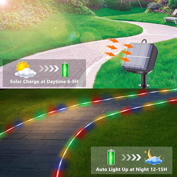 Jnaurb Solar Rope Lights, 66ft 200LED Solar String Lights, 8 Modes Waterproof Solar Outdoor Light, Flexible Clear Trampoline Light for Garden Backyard Patio Deck Porch Pool Tree Decor - Multicolor