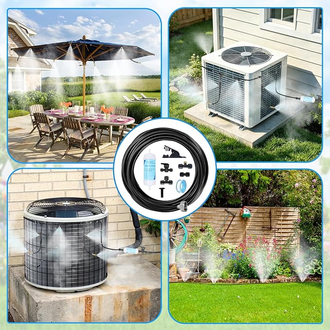 AC Condenser Misting Cooling System Includes Water Filter Cutter, Air Conditioner Cooler System Evaporative Cooling Kit for Residential AC Units, Sun-Exposed Condensers&High-Temperature Climate Homes
