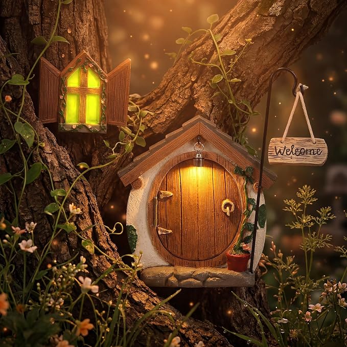 Fairy Doors for Trees with Light, Fairy Garden Accessories for Outdoor Decor, Fairy Garden Houses Kit for Front Porch Patio Backyard Yard Outside Decoration, Birthday Gifts for Women Families Friends