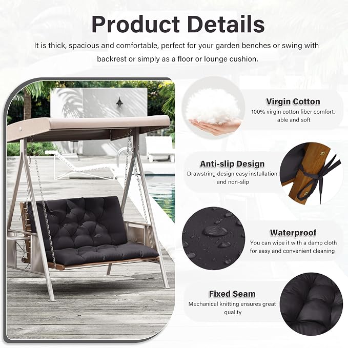 Porch Swing Cushion with Backrest,Waterproof Bench Cushion for Outdoor Furniture,2-3 Seater Replacement Thickened 5 in swing cushion,with Ties,Patio,Outdoor,Backyard and Garden (Grey,40x40 in)