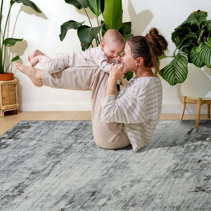 Toneed Washable 8x10 Grey Area Rug with Non-Slip Backing for Living Room | Abstract Modern Rugs, Soft Low Pile Carpet for Bedroom Kitchen Dining Room Nursery Indoor Floor Office Home Decor