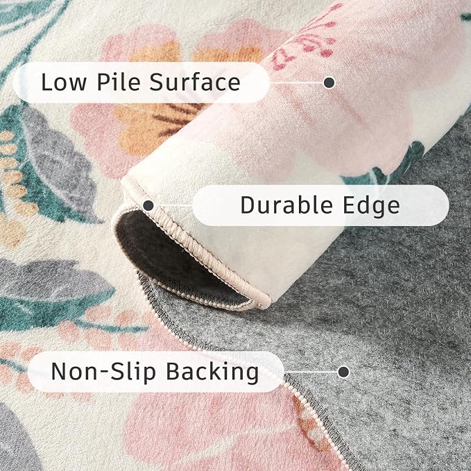 DCX Vintage Floral Washable Area Rug 3x5, Non Slip Low Pile Rug, Pink | Rugs for nursery bedroom, living room, bedroom, office, soft, kid & pet friendly, sain resistant indoor carpet, home decor
