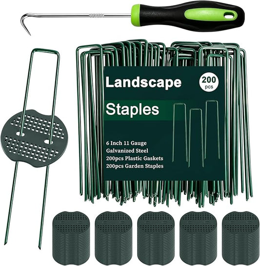 FEED GARDEN 6 Inch 200 Pcs Galvanized Landscape Staples 200 Pcs Gaskets Pick Hook Garden Stakes 11 Gauge Anti-Rust Landscaping Fabric SOD Pins U Shaped Yard Turf Stakes for Weed Barrier Fabric Green
