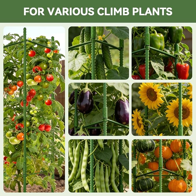 Halatool 63 Inch Tomato Cages, 4 Pack Adiustable Plant Cages Assembled Tomato Garden Cages Stakes Vegetable Support Trellis with 120 Feet Twist Tie, Snap-On for Vertical Climbing Plants