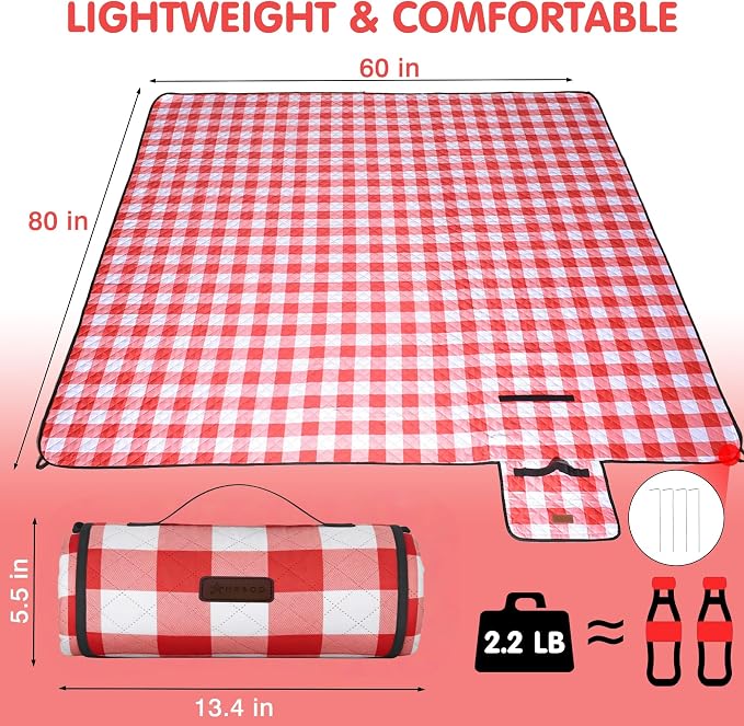 HX&OD Outdoor Picnic Blanket, Extra Large, 80''x60'' Waterproof Foldable Blankets Gingham Picnic Mat for Beach, Camping Grass Lawn Park Accessories Cute Couple Ideas Wedding (Red, 80”x60”)