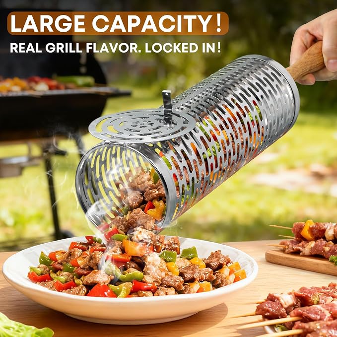 Rolling Grill Basket for Outdoor Grill, BBQ Cage for Vegetable/Veggies 2pcs | Stainless Steel Roll Barbeque Basket with Handle Heat Resistant, Non-slip Large Capacity to Grill Seafood Sausage for Camping