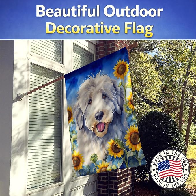 Caroline's Treasures DAC6129CHF Old English Sheepdog in Sunflowers House Flag Large Porch Sleeve Pole Decorative Outside Yard Banner Artwork Wall Hanging, Polyester, House Size, Multicolor