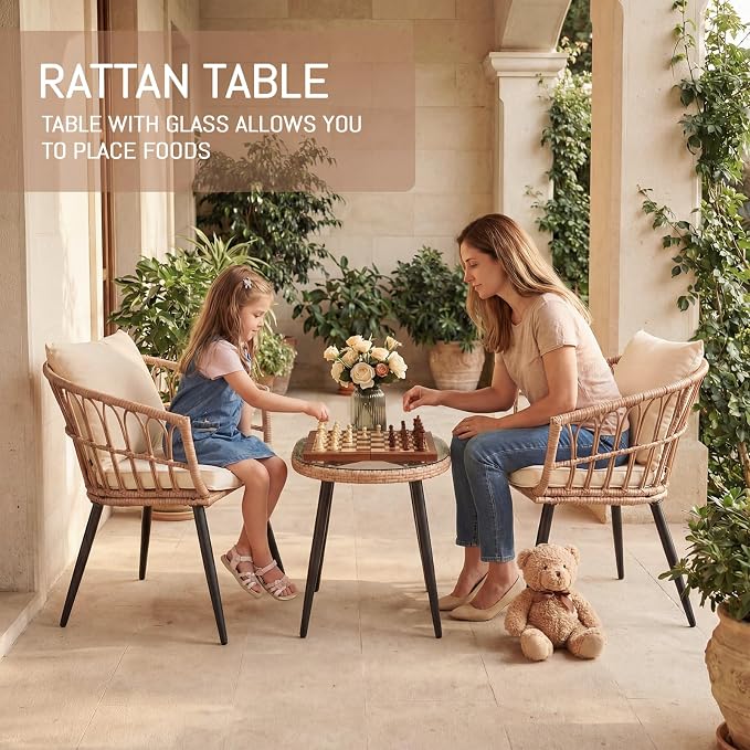 Upgraded 3 Piece Patio Bistro Set for Balcony, Backyard, Porch, Beige | All-Weather Rattan Patio Conversation Set, New Thickened and Reinforced Metal Frame, Tempered Glass Side Table, Easy-Clean