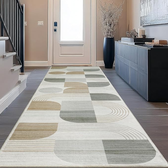 Soft Modern Geometric Abstract Machine Washable 2.7x8 Runner Rug | Beige Rugs for Bedroom Living Room, Non-Shedding Faux Wool Indoor Throw Floor Carpet for Office Entryway Dining Room Decor