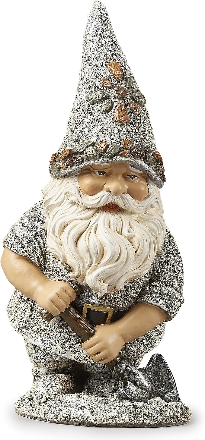 Roman Garden - Pebble Gnome with Shovel Statue, 13.25" H, Pudgy Pals Collection, Resin and Dolomite, Decorative, Garden Gift, Home Outdoor Decor, Durable, Long Lasting