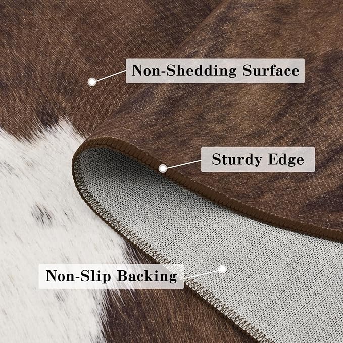 DweIke Cow Print Rug 8x10 – Brown Faux Cowhide Rugs, Washable Soft Non-Slip Stain Resistant Animal Cow Hide Carpet for Living Room Bedroom Dining Room Office, Western Home Decor