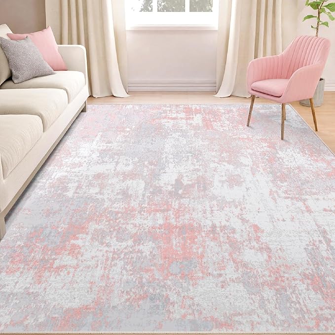 RELEANY Washable 5'x7' Abstract Area Rug for Living Room Gray Pink | Carpet for Bedroom, Kitchen, Office, Hallway and Entryway, Printed Pattern, Non‑Slip, Soft, Stain‑Resistant, Easy to Clean