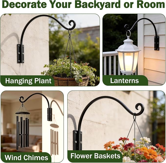 Heavy Duty 22 Inch Plant Hangers Bracket Outdoor, 80lbs Weight Capacity-2 Pack Metal Wall Hooks for Hanging Plants, Bird Feeder, Wind Chime, Wall Decor, Plant Hanger Hooks for Hanging Flower Baskets