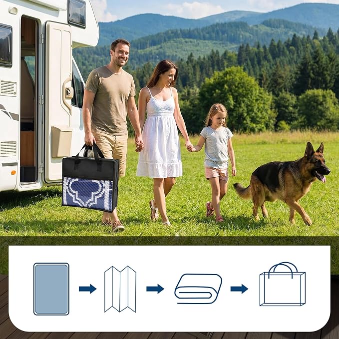 Garvee Reversible Outdoor Rug 8x10, Waterproof Outdoor Plastic Straw Rug with Interlacing Pattern, RV Mat for Picnics, Patio, Camping, Balcony, Deck, Backyard, Porch, Blue
