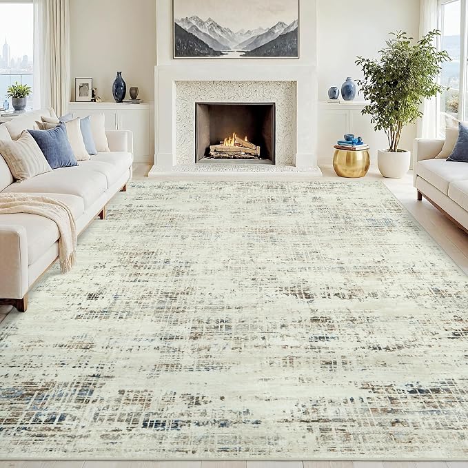 8x10 Washable Area Rug for Living Room Bedroom: Non-Slip Modern Gray White | Machine Washable TPR Backing, Stain-Resistant Low Pile, Pet & Kid Friendly, Abstract Decor for Dining Room, Dorm, Home Office