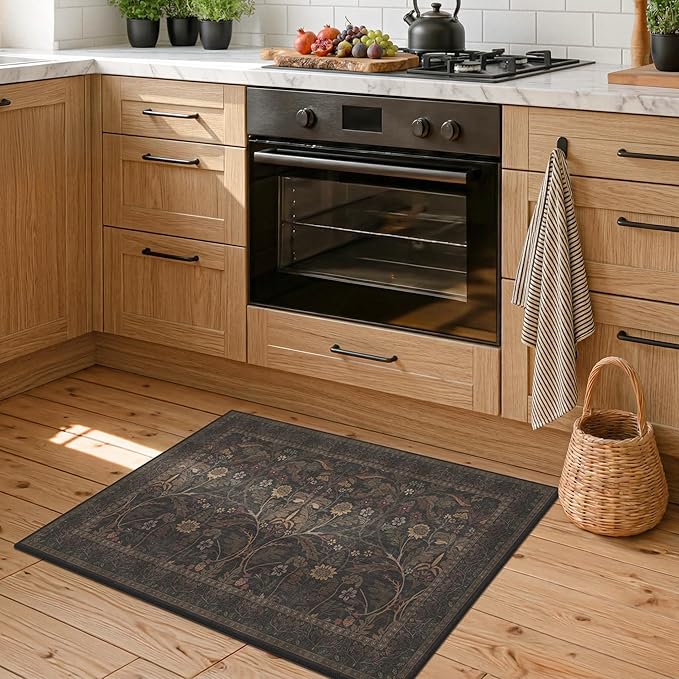 Dark Brown 2x3 Washable Entry Rug, Throw Small Rugs for Entryway Kitchen Bathroom Indoor Door Mat, Farmhouse Floral & Botanical Door Mats, Low Pile Soft Stain Resistant Carpet