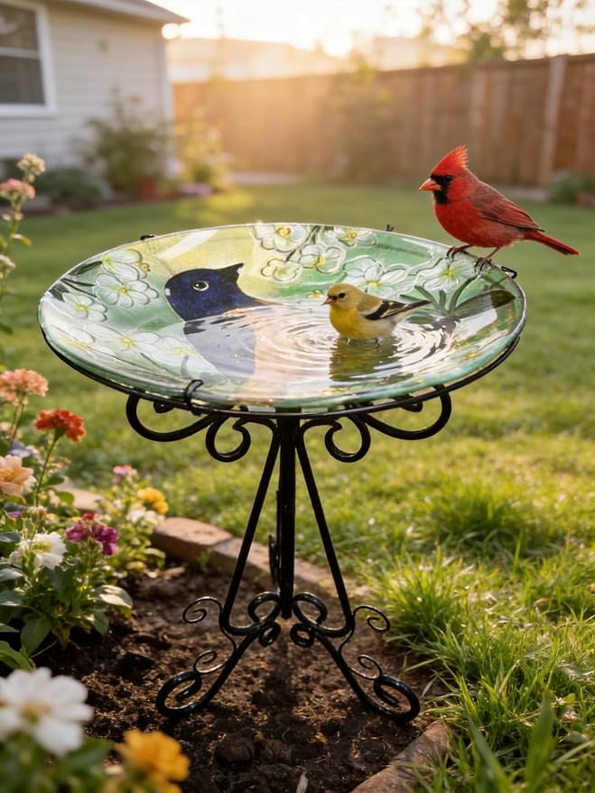 Large Bird Bath for Outside, 18" H Glass Bath Bowl with Metal Stand 28" H Standing Outdoor Birdbaths for Garden Yard Lawn Decor,Baltimore Oriole